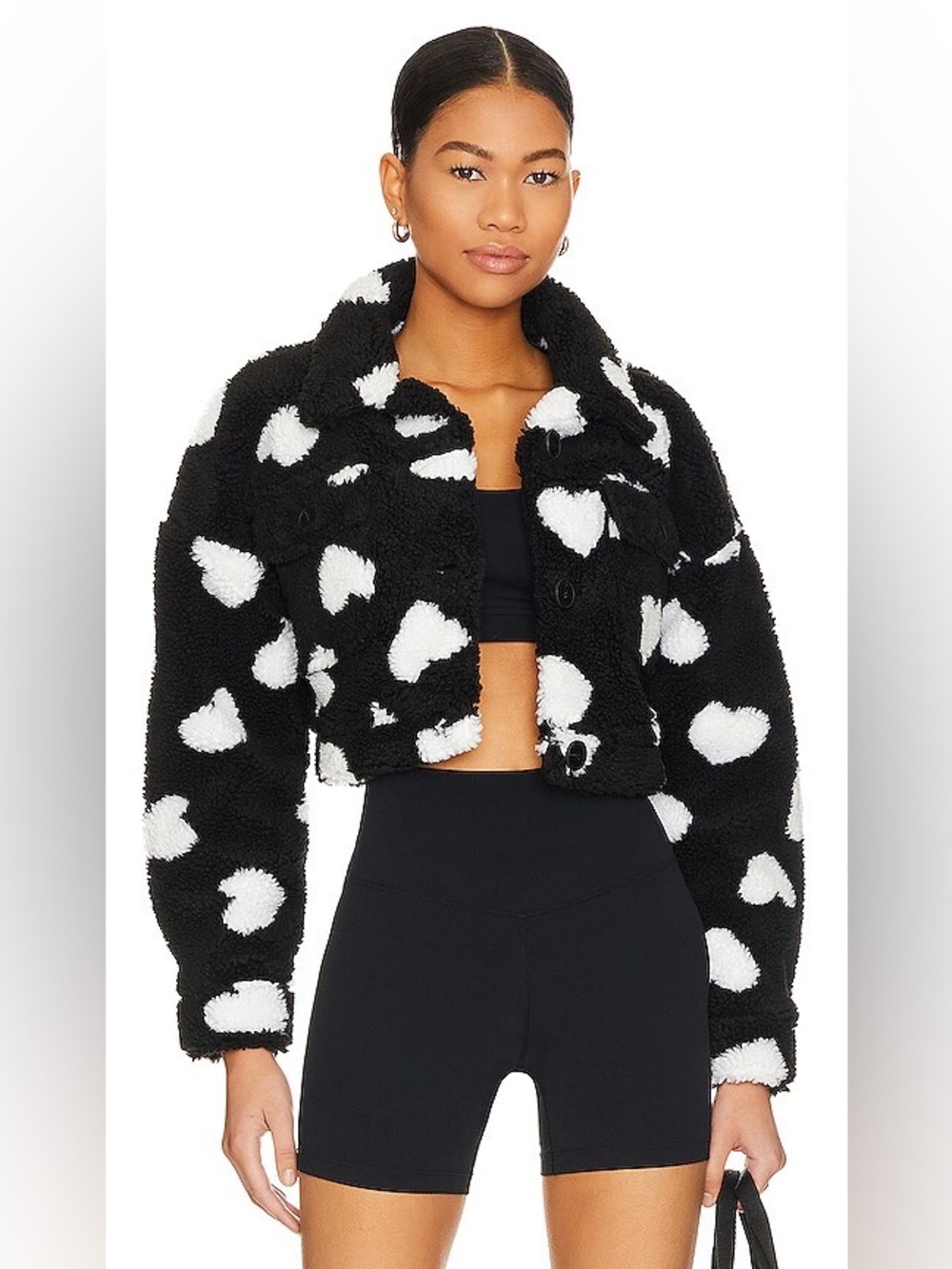 Beach Riot Black & White Devin Hearts Cropped Sherpa Jacket